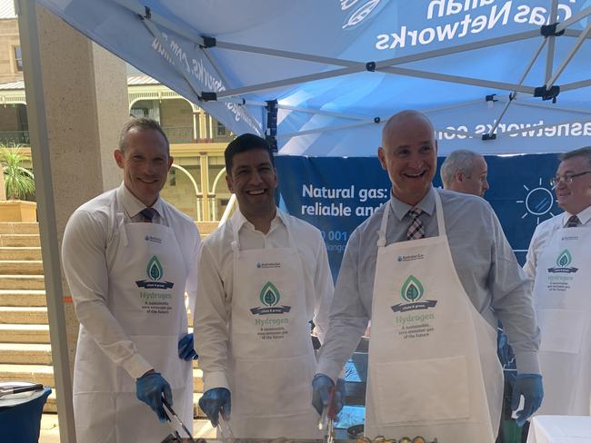 Energy, Renewables and Hydrogen Minister Mick de Brenni, MP Lance McCallum and Regional Development, Manufacturing and Water Minister, Member for Gladstone Glenn Butcher at today's hydrogen BBQ at Queensland Parliament's Speakers Green.