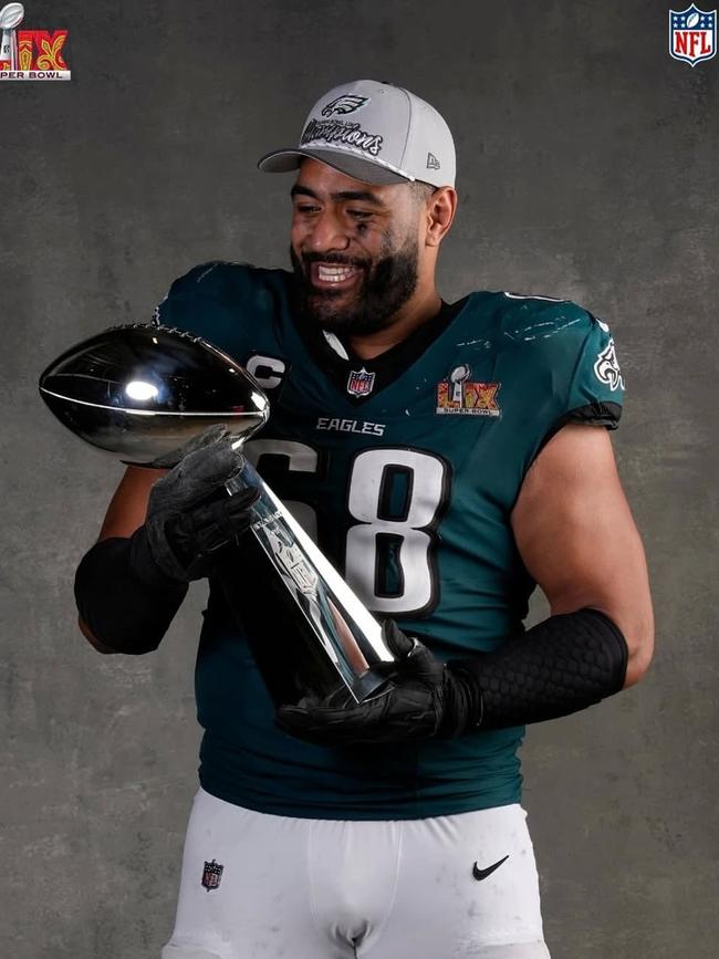 Jordan Mailata with the Vince Lombardi trophy. Picture: Ryan Kang