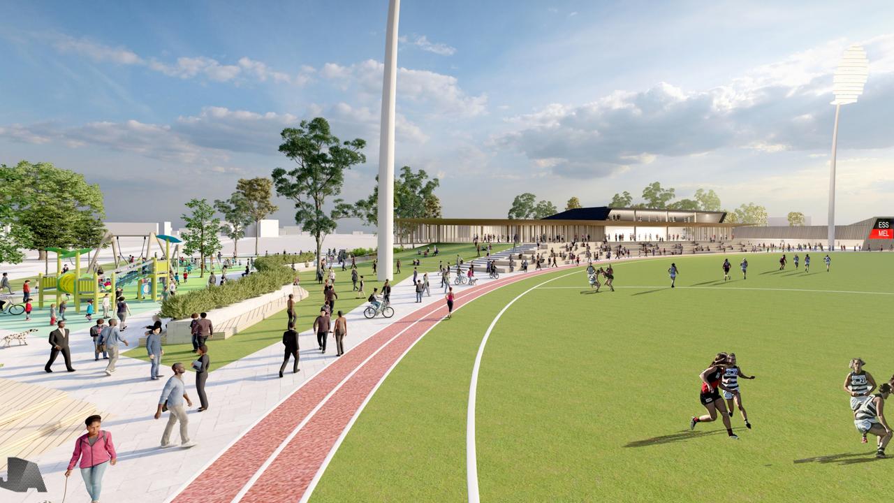 An artists impression of the $50 million redevelopment proposed for Essendon’s iconic Windy Hill Oval., Credit: Jackson Architecture