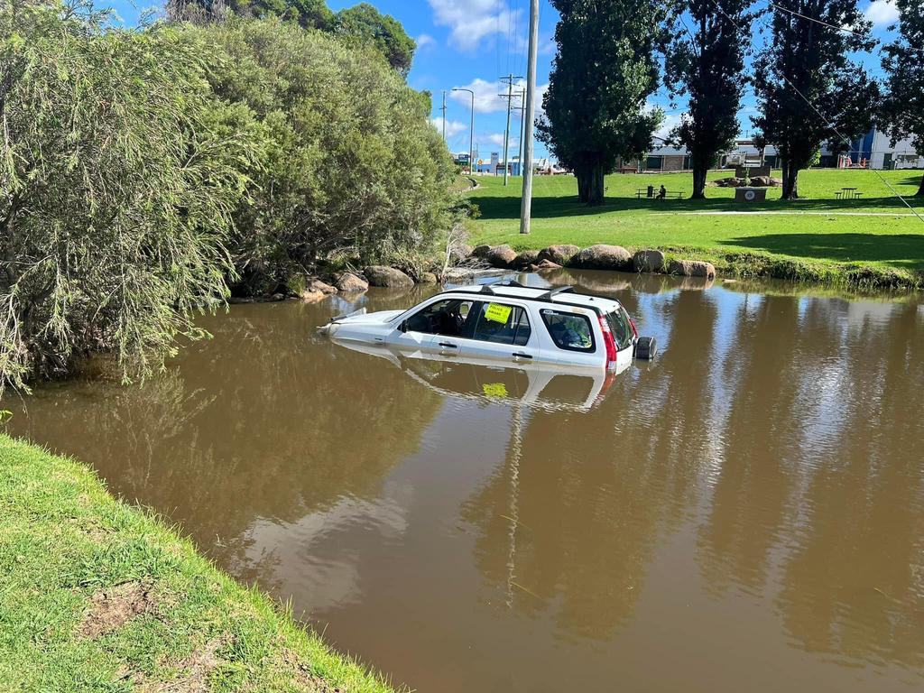 The wild weather over Christmas weekend in Stanthorpe saw a Maryborough woman lose control of her vehicle and crash into a nearby creek. Photo: Meg Gilmour, Facebook