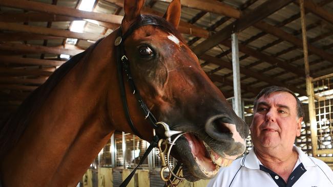 Trainer Mick Mair with Benji Bullet at Corbould Park Race course, Caloundra Pic Glenn Barnes