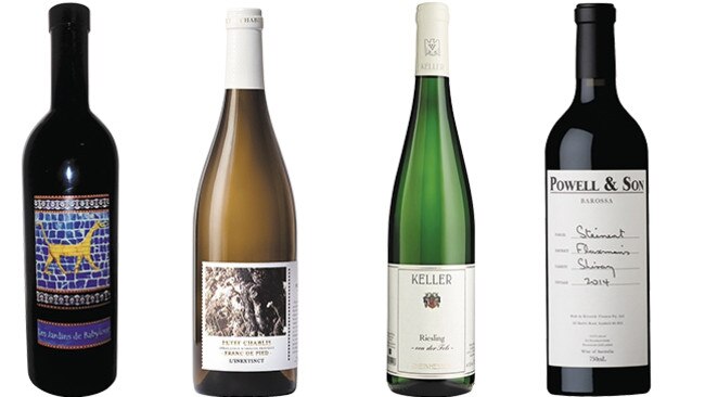 From left: Les Jardins de Babylone, L’Inextinct Petit Chablis, Keller riesling and Powell shiraz.