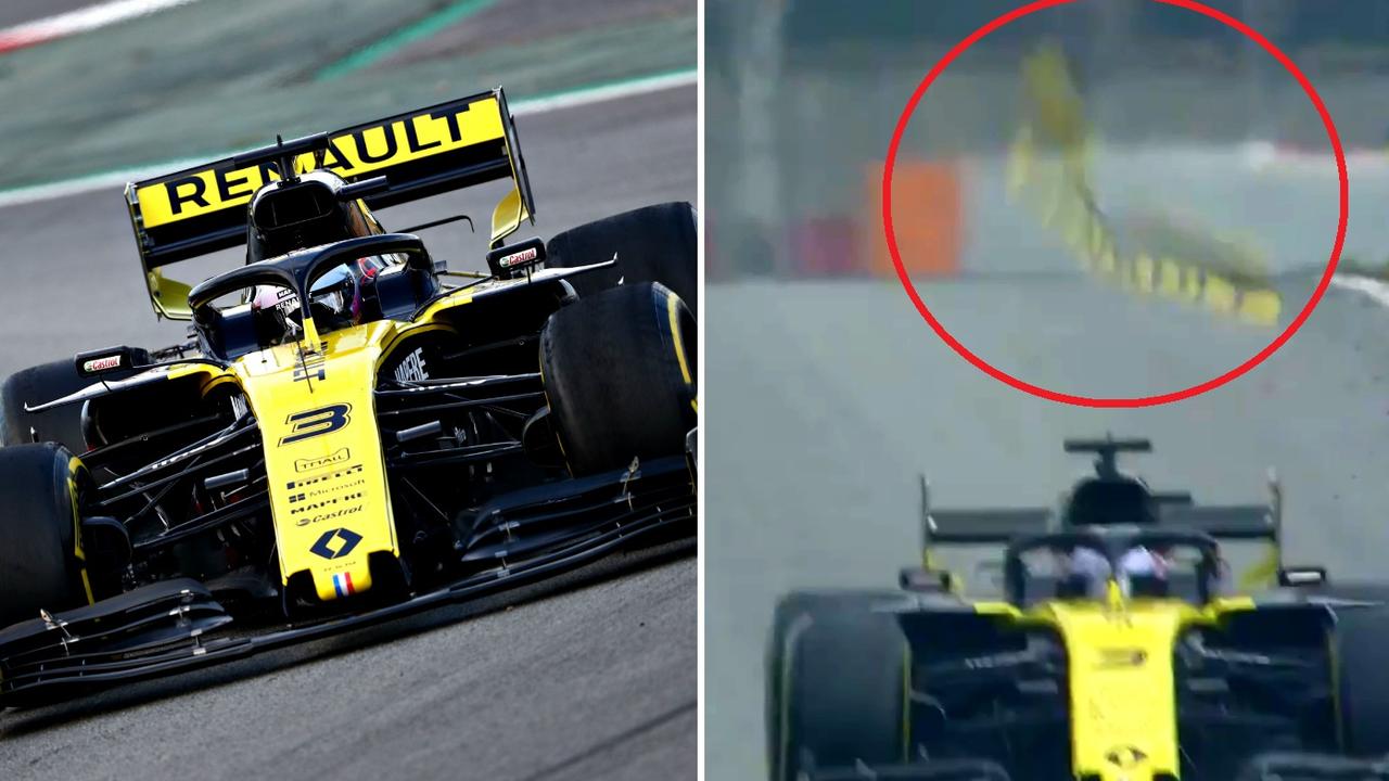 Daniel Ricciardo's Renault loses its wing tip during testing.