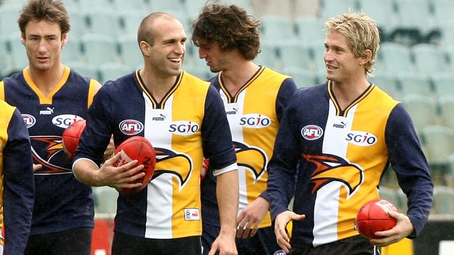 Chris Judd and Adam Selwood during an Eagles training session in 2007. (Photo by Paul Kane/Getty Images)