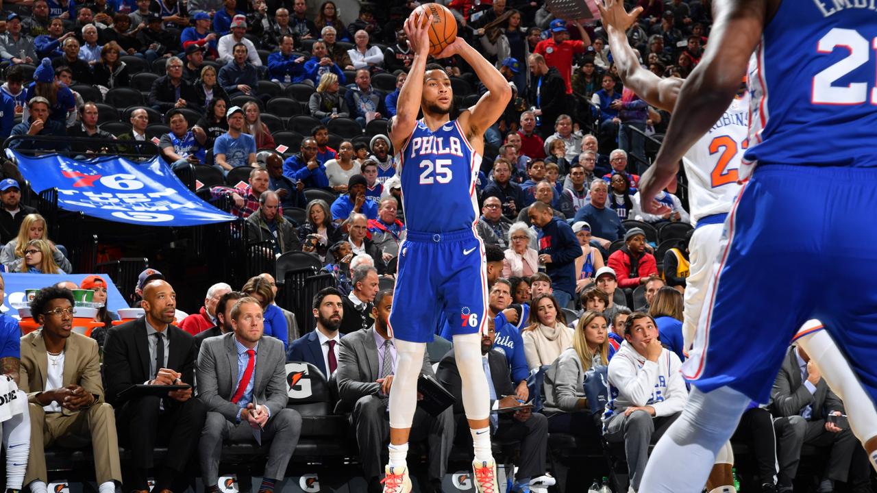Ben Simmons drains a three-pointer — the first of his NBA career.