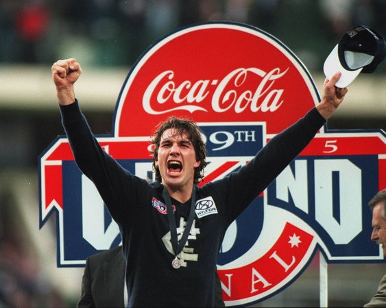 <p>16: STEPHEN SILVAGNI. Silvagni celebrates after Carlton's 1995 AFL Grand Final victory over Geelong in 1995. "SOS" Silvagni was named in both the AFL Team of the Century and Australian Football Hall of Fame. Picture: John Feder</p>