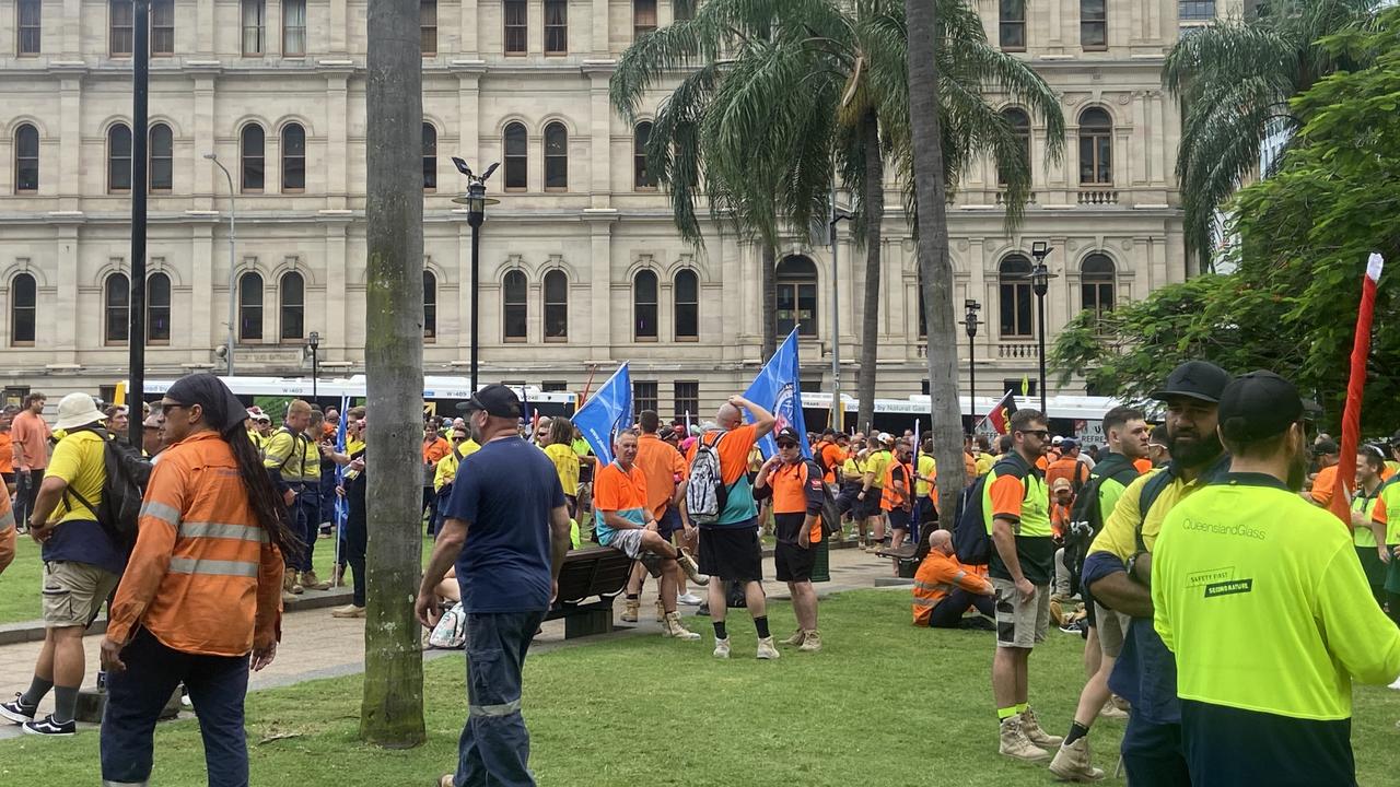 A CFMEU protest in the wake of a tragic worker death has shut down Brisbane’s CBD.