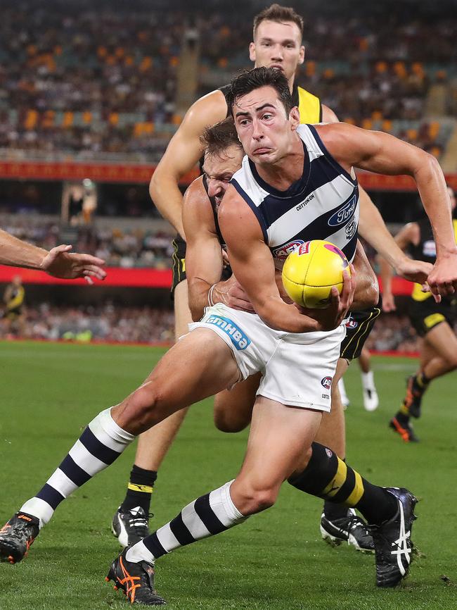 Geelong’s Sam Simpson was involved in a gruesome aerial collision in last year’s Grand Final. Picture: Michael Klein