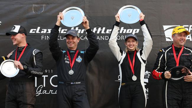 Winners Paul Stokell and Kate Catford. Finish of Targa Tasmania 2019 at Macquarie Wharf shed no. 2. Picture: NIKKI DAVIS-JONES