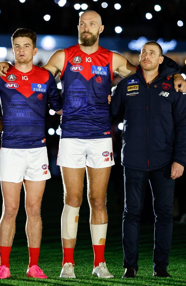 Bayley Fritsch, Max Gawn and Goodwin on Anzac Day eve. Picture: Dylan Burns/AFL Photos