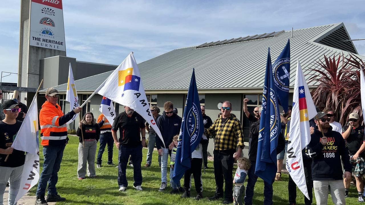 Members of the AMWU and other unions outside the Saputo Diary Australia Burnie factory. Picture: Simon McGuire.