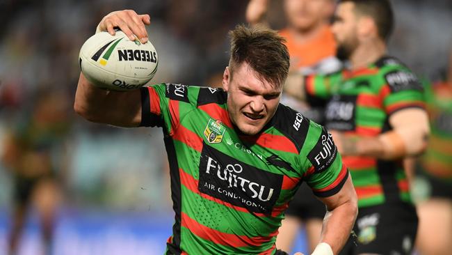 Angus Crichton of the Rabbitohs celebrates after scoring during the Round 25 NRL match between the South Sydney Rabbitohs and the Wests Tigers at ANZ Stadium in Thursday, August 30, 2018. (AAP Image/Dean Lewins) NO ARCHIVING, EDITORIAL USE ONLY