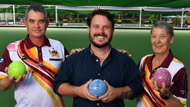 Liberal MP Phillip Thompson, centre, with Jubilee Bowls Club deputy chair Gary Hicking and secretary Glenda Mann. Picture: Evan Morgan