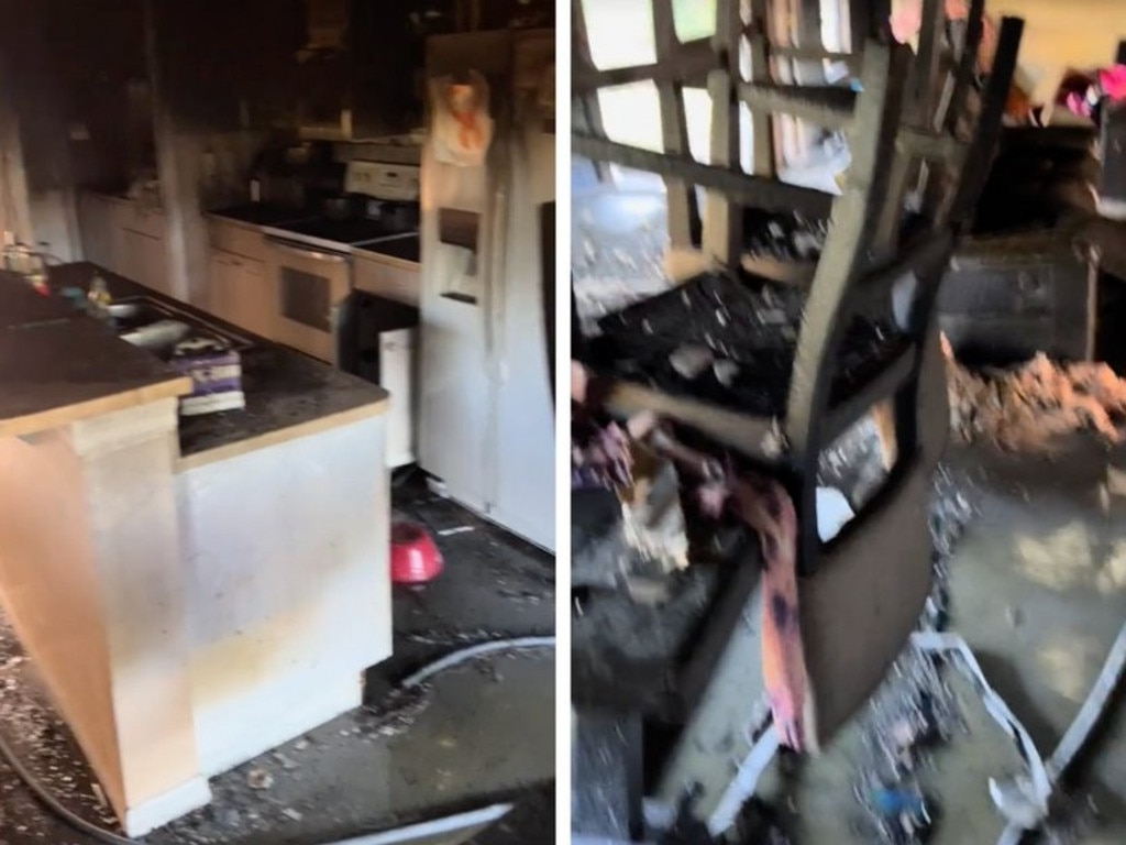 Beginning in her kitchen, Huntley captures the devastating aftermath of the fire, revealing blackened walls that had been burned by the smoke, with debris littered across almost every surface. Picture: TikTok/yeahthatskeeee