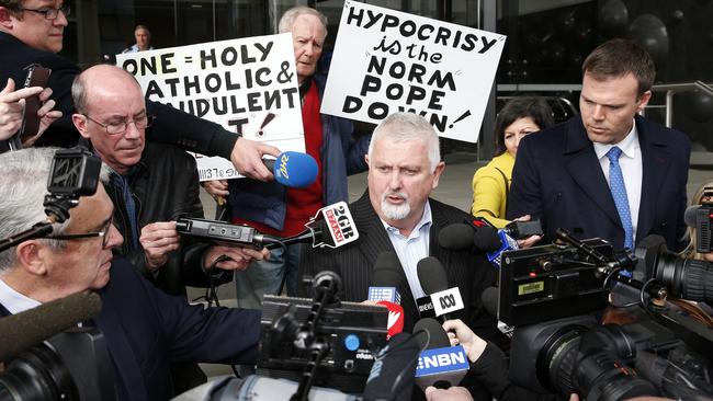 Peter Gogarty, advocate for victims of child abuse talks to media outside Newcastle Local Court, after the sentencing of the Archbishop of Adelaide, Philip Wilson, Tuesday, July 3, 2018. Picture: AAP /Darren Pateman.