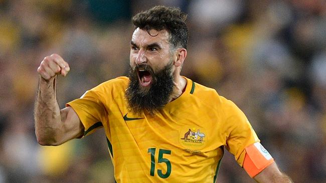 Mile Jedinak celebrates scoring a goal during the 2018 FIFA World Cup qualifier.