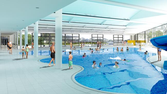 Artists impression of the inside of Manly Council's new indoor facility at Manly Andrew 'Boy' Charlton Swim Centre. View of the new leisure pool for free play