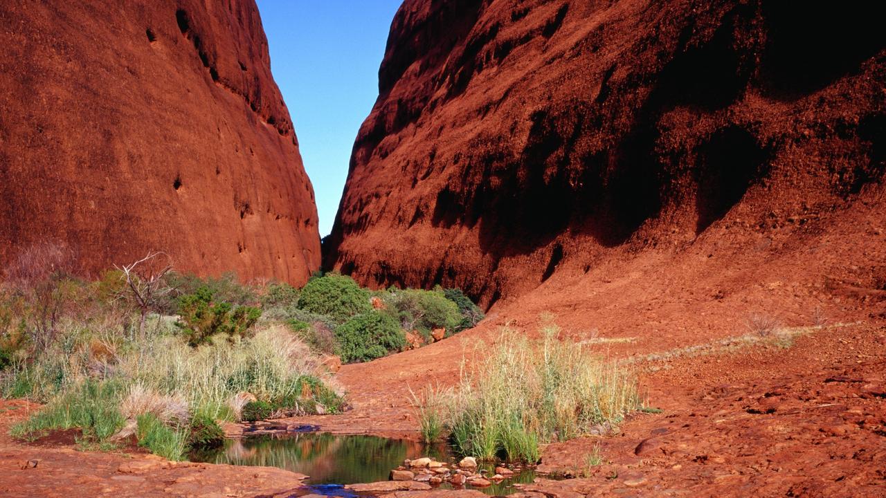 Uluru-Kata Tjuta National Park, Northern Territory, Australia, Australasia. Walpa Gorge between Mt Olga (right) and Mt Walpa, Kata Tjuta (Olgas). Escape.