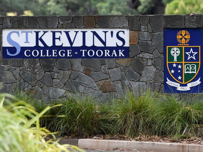 Signage is seen at St Kevin's College in Toorak, Melbourne, Thursday, February 20, 2020. Court action by a teacher has put more pressure on St Kevin's College in Melbourne after the school's headmaster resigned following a child-grooming scandal. (AAP Image/Erik Anderson) NO ARCHIVING