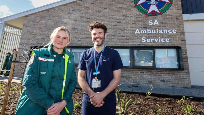 New intern paramedic Karli Falting and medical lead for integrated care Lane Hinchcliff at the opening of the new Woodville Ambulance Station and the new Hospital Avoidance Hub at Woodville South. Picture: Russell Millard Photography