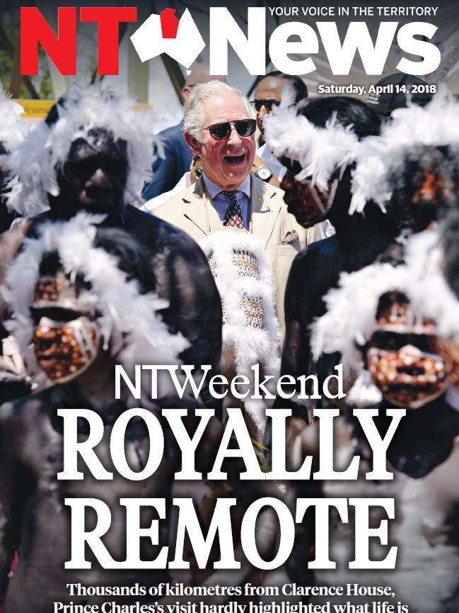 NT News front page, April 14, 2018. Prince Charles visit to Nhulunbuy in Arnhem Land.