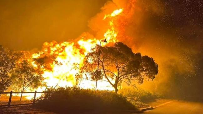 TOPSHOT - In this photo released by the Western Australia Department of Fire and Emergency Services (DFES) and received by AFP on November 23, 2023, shows flames of a bushfire burning north of the city of Perth. (Photo by Handout / WESTERN AUSTRALIA DEPARTMENT OF FIRE AND EMERGENCY SERVICES / AFP) / ----EDITORS NOTE ----RESTRICTED TO EDITORIAL USE MANDATORY CREDIT "AFP PHOTO / Western Australia Department of Fireâ - NO MARKETING NO ADVERTISING CAMPAIGNS - DISTRIBUTED AS A SERVICE TO CLIENTS