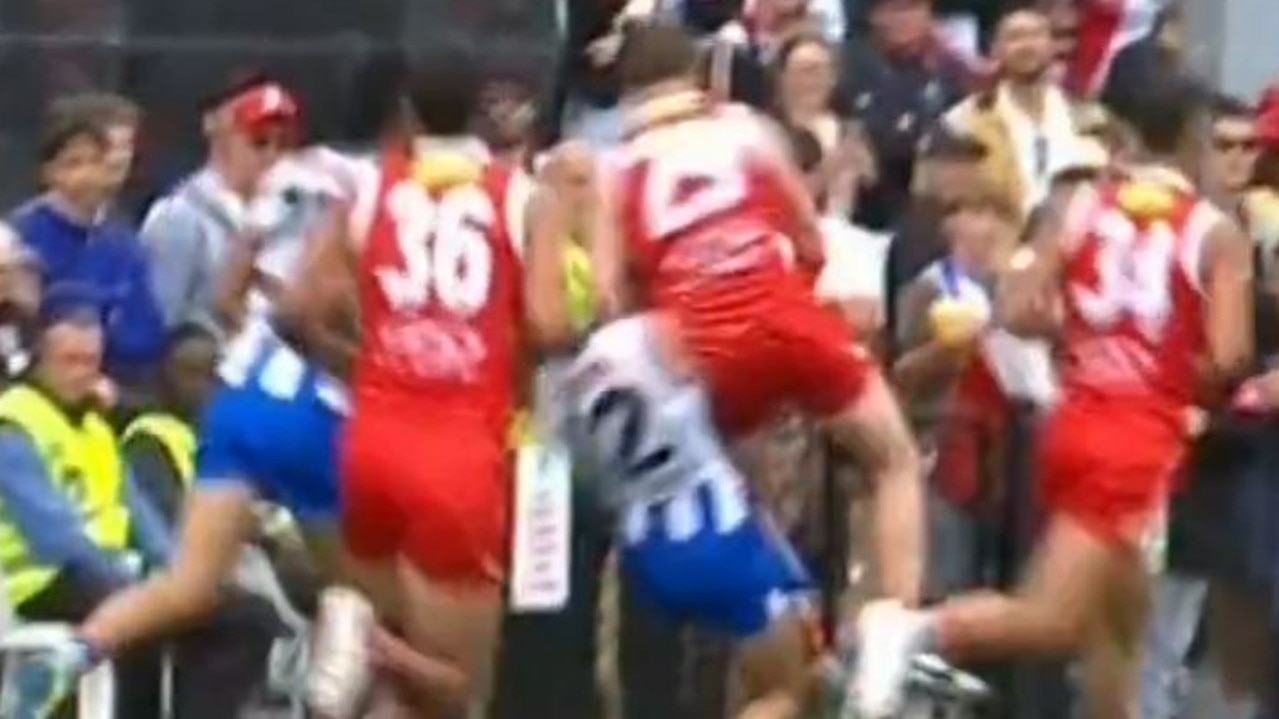 Jimmy Webster (St Kilda’s No. 29) was airborne as he made high contact with Jy Simpkin. Picture: Channel 9