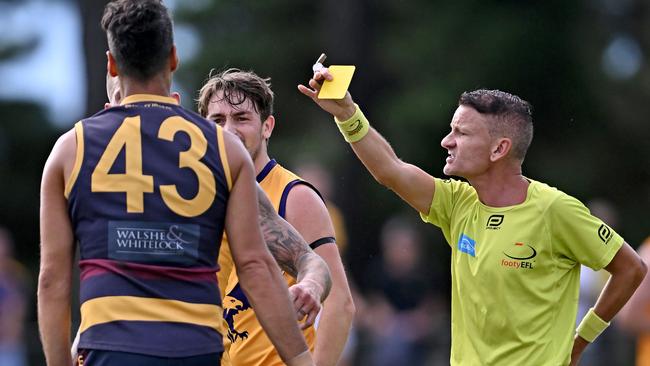 Eastern: Doncaster East’s James Papaconstantinou gets yellow carded. Picture: Andy Brownbill