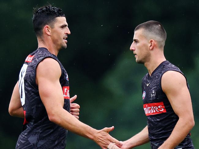 MELBOURNE, NOVEMBER 25, 2024: Collingwood pre-season training at Olympic Park. Scott Pendlebury, Nick Daicos. Picture: Mark Stewart