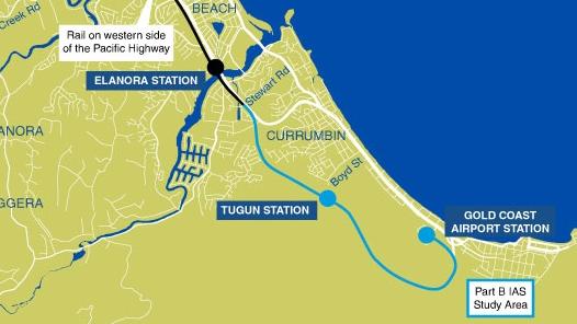 Map of the planned extension of the Gold Coast heavy rail to Gold Coast Airport