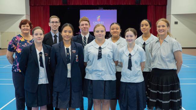 Groves Christian College captains Lilli Moore, Tin Sui Bawihrin, Breanna Jones, Christine, Xavier Price, Sarhaythaw Twayjaw and Viola Fevaleaki. Photo – contributed.