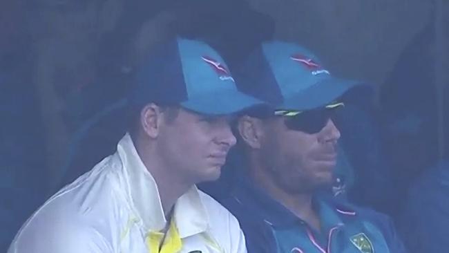 Steve Smith and David Warner watch during day three of the Second Test between India and Australia last February. Picture: Fox Sports