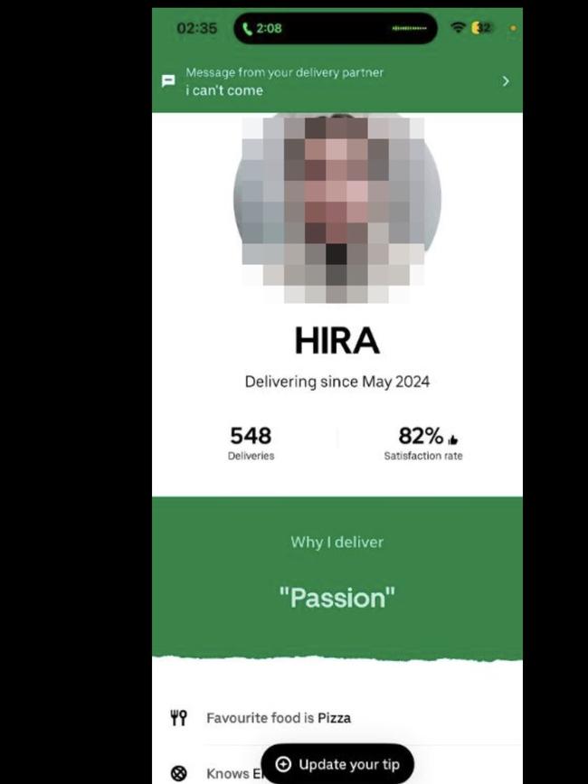 The UberEats driver was posing as a woman on the app. Picture: Facebook