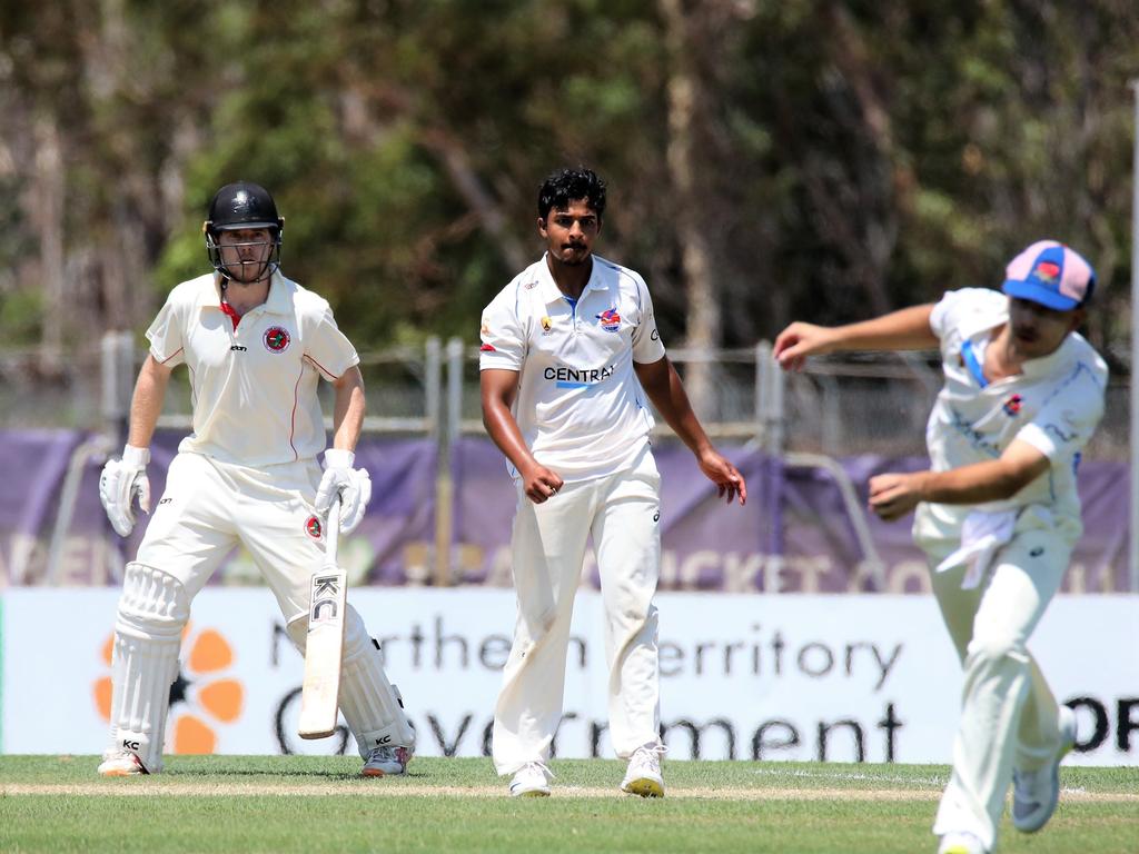 Darwin spinner Shehan Sinnetamby took two crucial wickets. Picture: Roz Lavercombe.