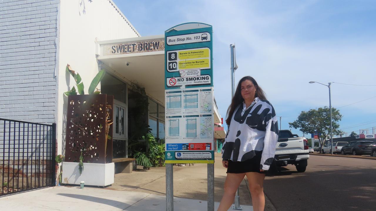 Sweet Brew co-owner Brigid Beilby says the new bus stop planted outside her cafe has brought significant anti-social behaviour and vandalism. Picture: Harry Brill.