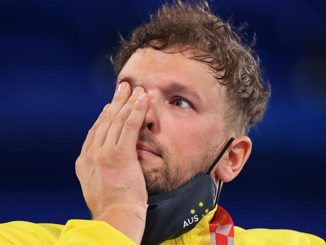 TOKYO, JAPAN - SEPTEMBER 04: Gold medalist  Dylan Alcott of Team Australia reacts in the podium of Menâs Quad Singles on day 11 of the Tokyo 2020 Paralympic Games at Ariake Tennis Park on September 04, 2021 in Tokyo, Japan. (Photo by Carmen Mandato/Getty Images)