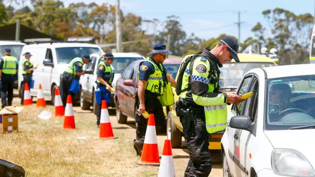 Police conduct breath testing at the Bream Creek Showgrounds at the end of Falls Festival on New Year's Day. Picture: PATRICK GEE