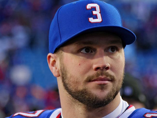 ORCHARD PARK, NEW YORK - JANUARY 08: Josh Allen #17 of the Buffalo Bills looks on after Buffalo's 35-23 win against the New England Patriots at Highmark Stadium on January 08, 2023 in Orchard Park, New York. (Photo by Timothy T Ludwig/Getty Images)