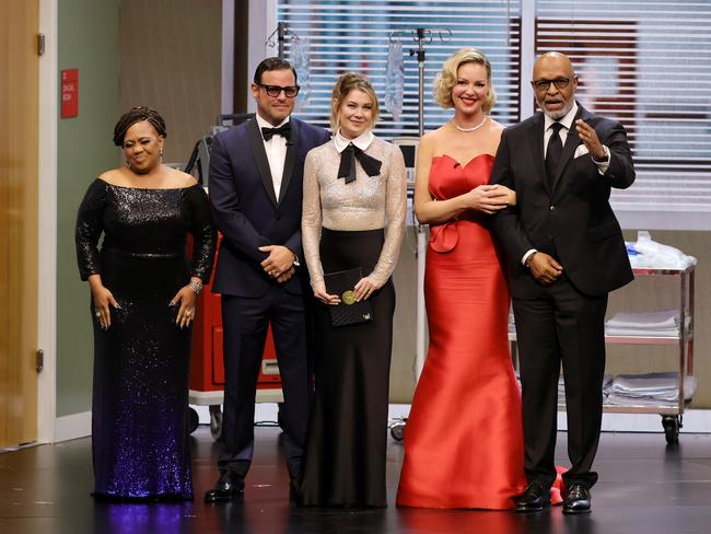 Grey’s Anatomy original cast members Chandra Wilson, Justin Chambers, Ellen Pompeo, Katherine Heigl and James Pickens took part in a mini reunion — complete with a hospital set — during the Emmys. Picture: Getty Images