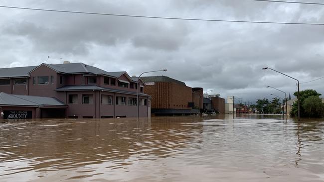 Flood water fills Keen Street on March 1, 2022, a day after Lismore was hit by a record flood. Picture: Stuart Cumming.