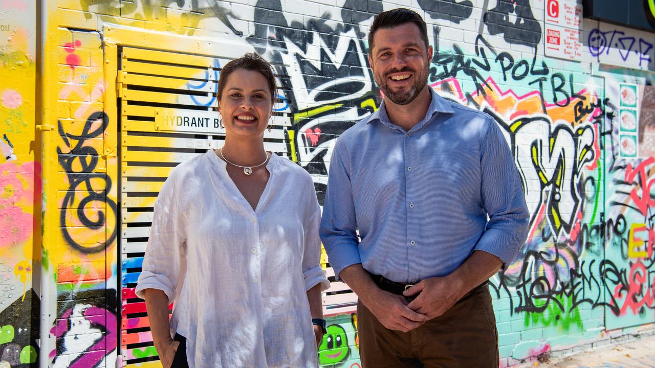 CEO NT Major Events Suzana Bishop and Minister Brent Potter launching the new pop-up festival BASSINTHECITY in Austin Lane, Darwin. Picture: Pema Tamang Pakhrin