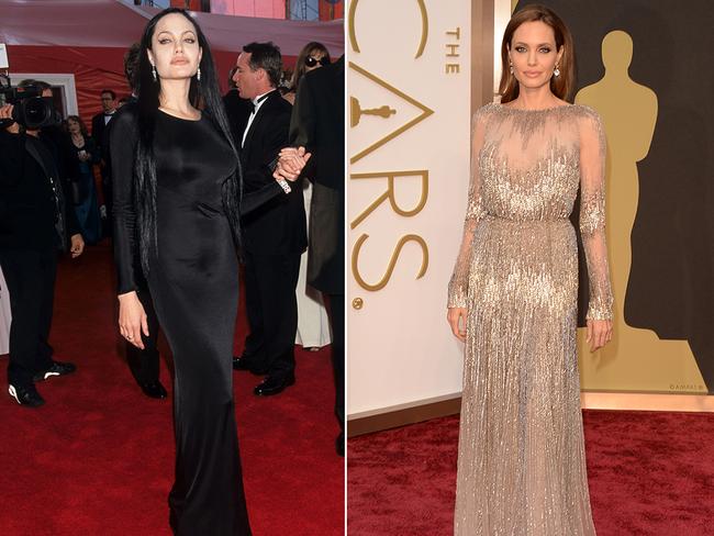 From goth to glamour ... Angelina Jolie at the Oscars in 2000 and then 2014. Picture: Getty