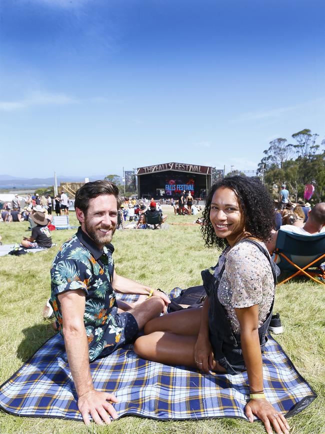 Falls Festival Day 3 at Marion Bay, New Years Eve. Luke Doran, of Sydney, NSW, and Brigitte Brown, of London, England. PICTURE: MATT THOMPSON