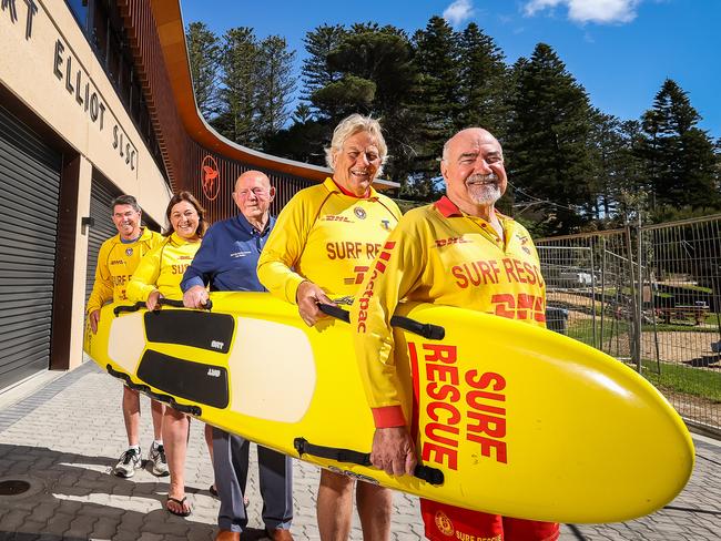 Chris Tapscott, Belinda Sullivan, Bob Bruce, Adrian Goldsmith and Peter Francis at the new Port Elliot Surf Lifesaving club, on October 19th, 2021, in Port Elliot.Picture: Tom Huntley