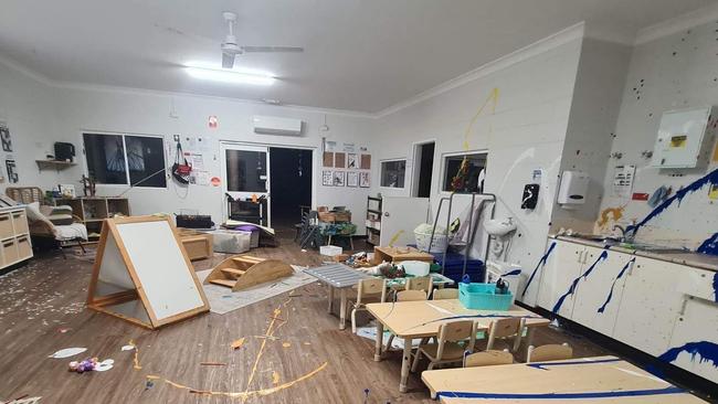 Genius Childcare in Brinsmead has again been broken into and vandalised with paint splattered across walls and a fire lit on a table. Picture: Supplied.