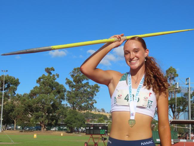 Sianna Adkins, 15, broke the open javelin state record at the state championships in Launceston. Picture: Jon Tuxworth