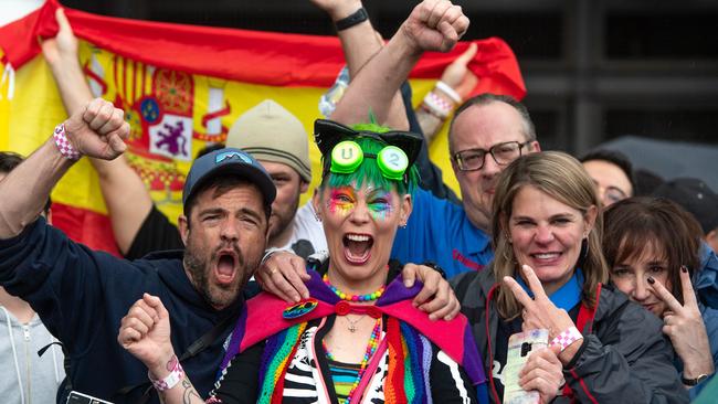 Excited U2 fans Andrew Dupee, Karen Stuart and Maria Sessler. Picture: Jason Edwards