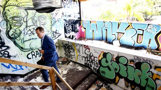 Inside the derelict Balmain Leagues Club site in Rozelle, left derelict since 2009. Heworth have submitted a fresh development plan but the site may still be acquired by the State government for the Western Harbour Tunnel. Picture: John Appleyard