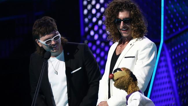 Peking Duk and Agro on stage at the 2019 ARIA Awards. Picture: AAP