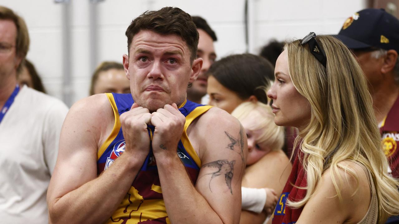 Lachie Neale devastated after the game. Picture: Getty Images